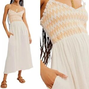 Free People White and Tan Pleated Maxi Sundress